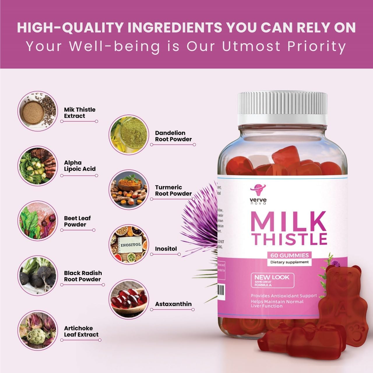 Vervenova Milk Thistle Gummies - Liver Health Support, Herbal Antioxidant, Vegan, 60ct