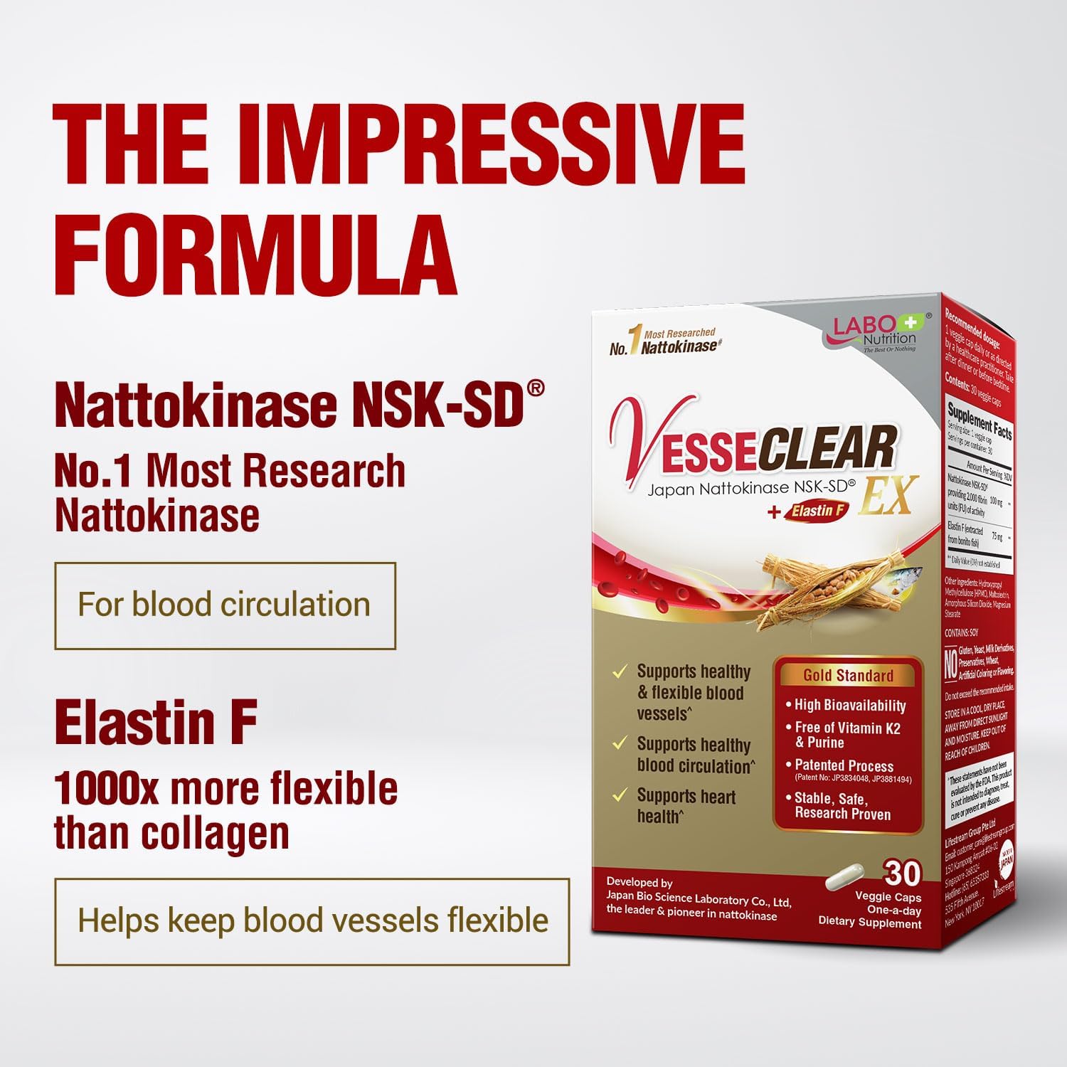 VesseCLEAR EX by LABO Nutrition: Nattokinase NSK-SD+Elastin F Capsules for Healthy, Flexible Blood Vessels. Acid-Resistant & Delayed Release.