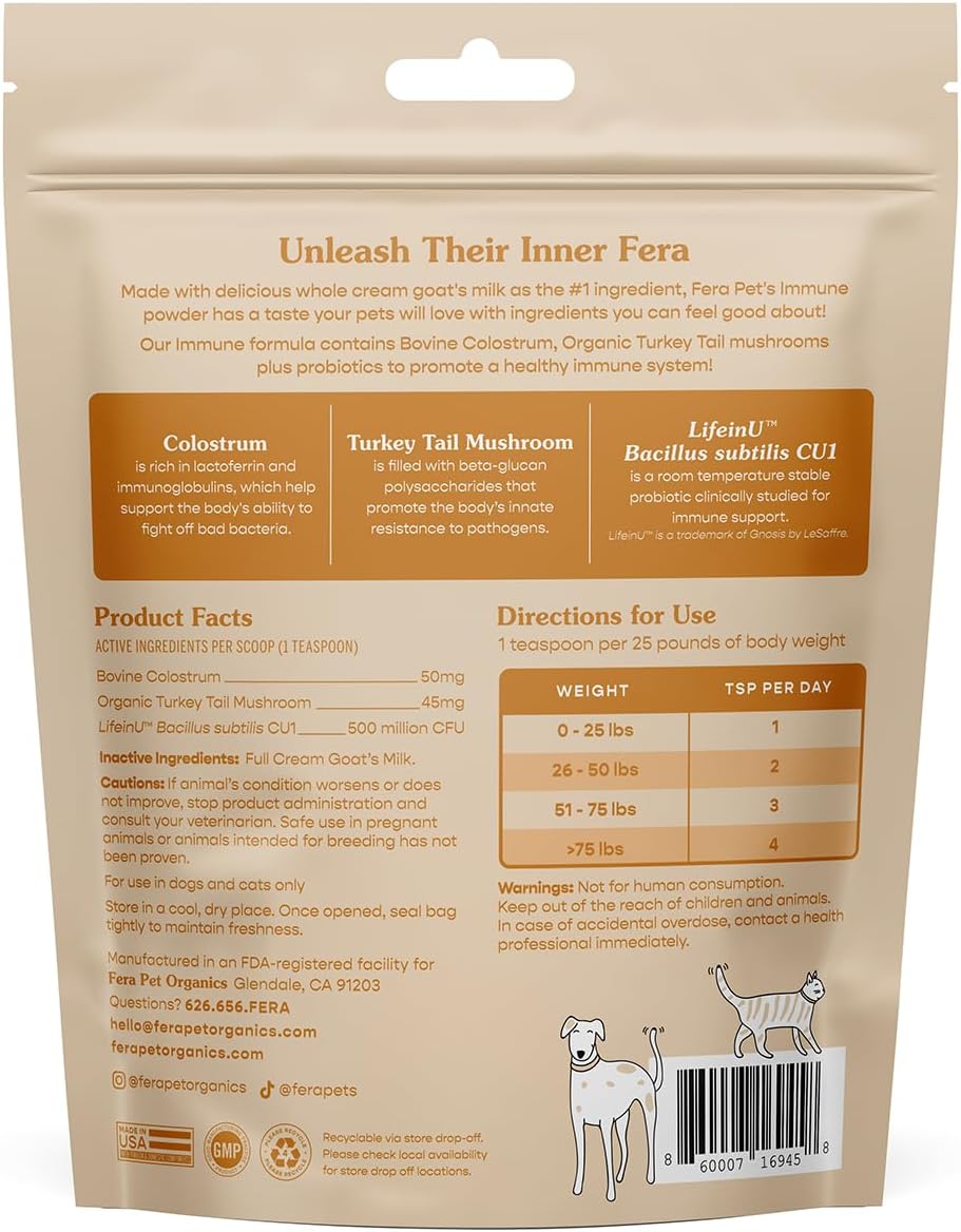 Vet-Formulated Fera Pet Organics Immune Goat Milk Topper for Cats & Dogs - Allergy & Immunity Support with Probiotics, Colostrum, and Turkey Tail Mushroom - 60 Servings