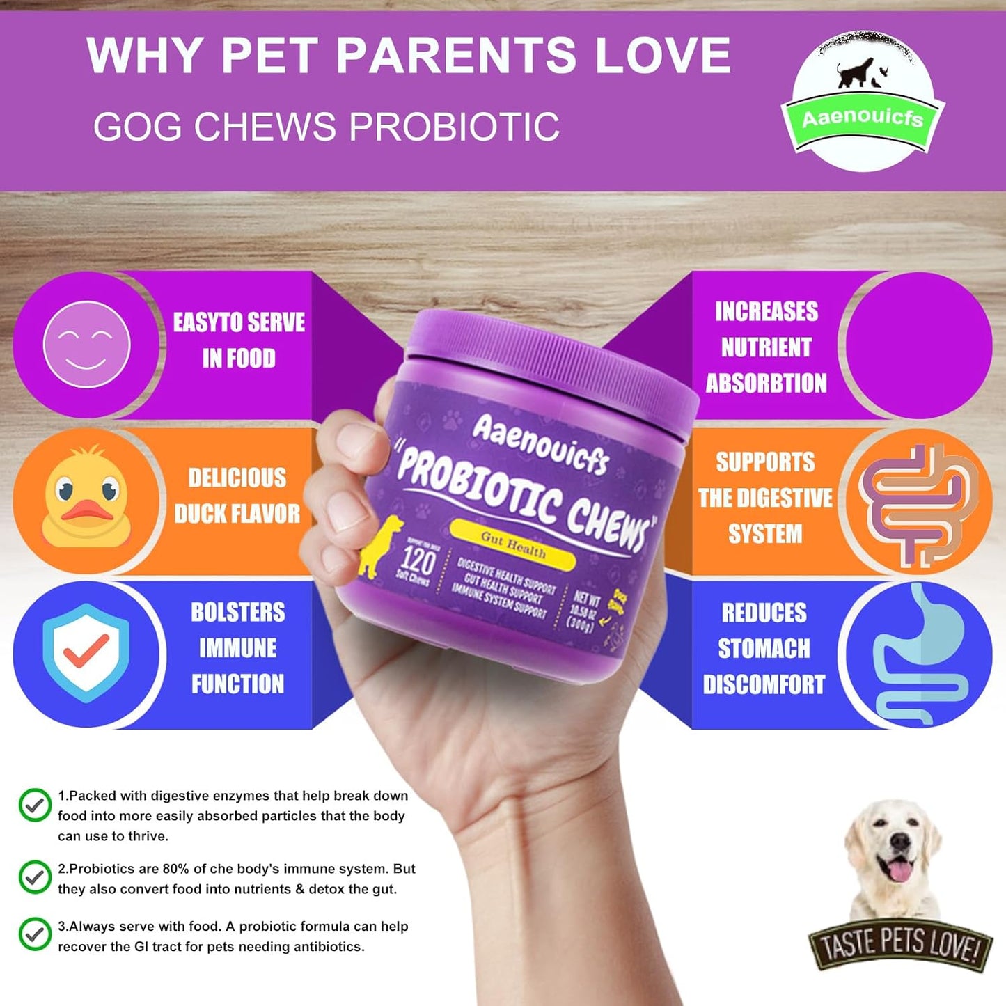 Veterinarian Developed Dog Probiotics with Digestive Enzymes for Health & Immune Support - 120 Duck Flavor Chews. Relieves Constipation, Bad Breath & Upset Stomach.