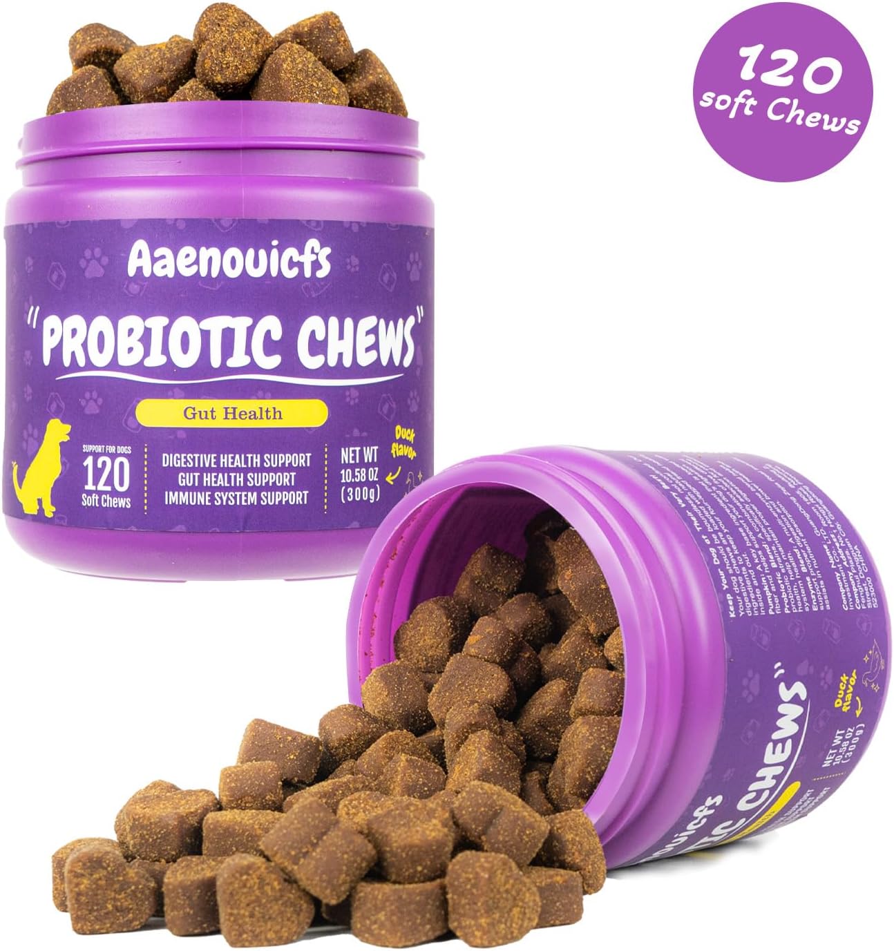 Veterinarian Developed Dog Probiotics with Digestive Enzymes for Health & Immune Support - 120 Duck Flavor Chews. Relieves Constipation, Bad Breath & Upset Stomach.