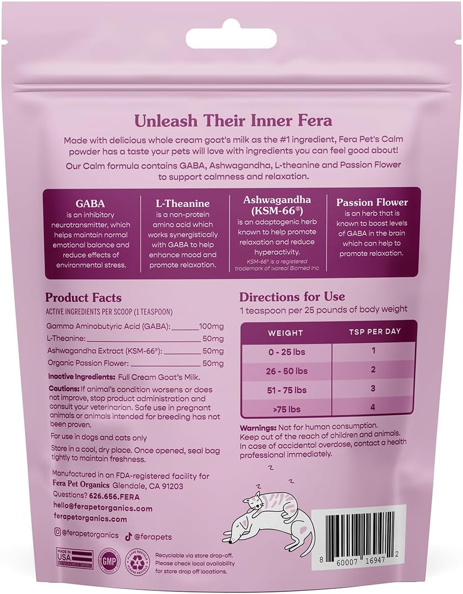 Veterinarian-Formulated Fera Pet Organics Goat Milk Calming Supplement for Cats and Dogs - Natural Anxiety and Stress Relief - Ashwagandha and GABA - 60 Servings