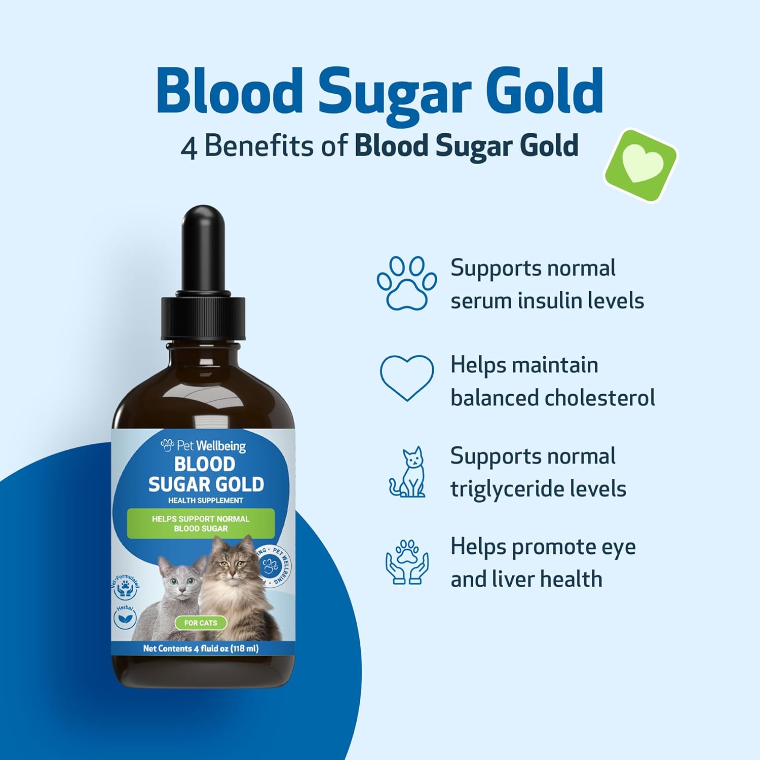 Veterinarian-Formulated Pet Wellbeing Blood Sugar Gold for Cats - Supports Healthy Blood Sugar, Pancreas, & Liver - Herbal Supplement - 4 oz