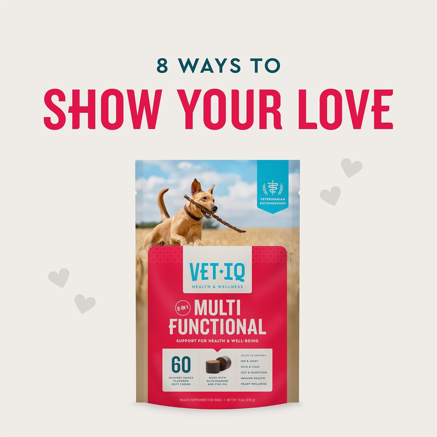 VetIQ 8-in-One Dog Supplement: Hip & Joint, Urinary Tract, Immune, Skin & Heart Health - Soft Chews, 60 Count - Made in USA