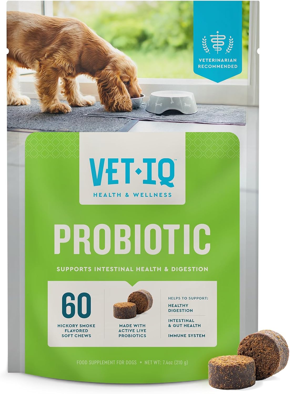 VetIQ Probiotic Supplement for Dogs, Supports Digestive Health and Bowel Function, Hickory Smoke Flavor, 60 Count, USA-Made
