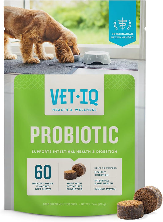 VetIQ Probiotic Supplement for Dogs, Supports Digestive Health and Bowel Function, Hickory Smoke Flavor, 60 Count, USA-Made