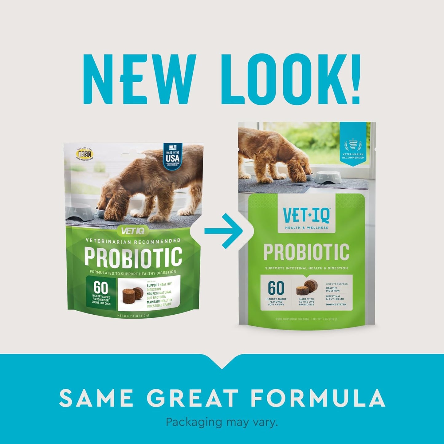 VetIQ Probiotic Supplement for Dogs, Supports Digestive Health and Bowel Function, Hickory Smoke Flavor, 60 Count, USA-Made