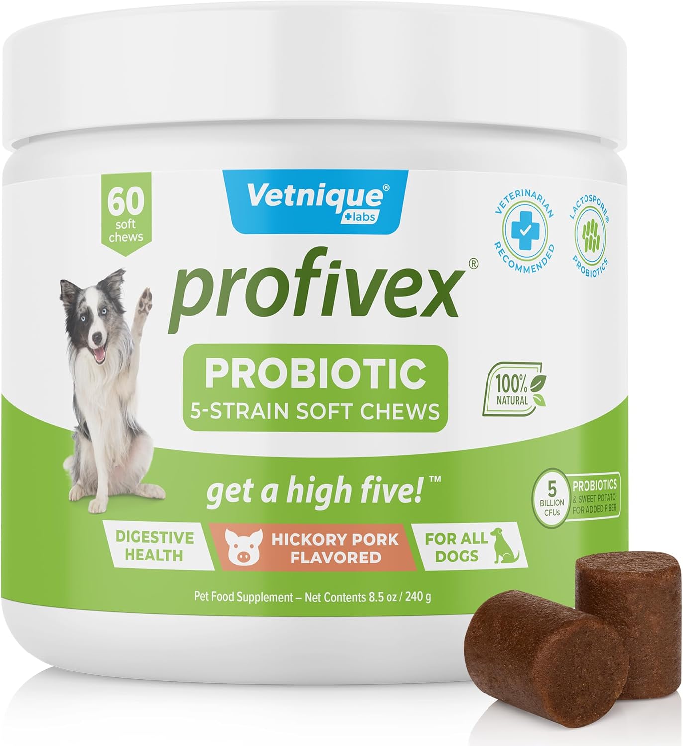 Vetnique Labs Profivex Probiotics for Dogs: All Natural Digestive Health Supplements with 5 Probiotic Strains & Prebiotics, Soft Chews, 60ct