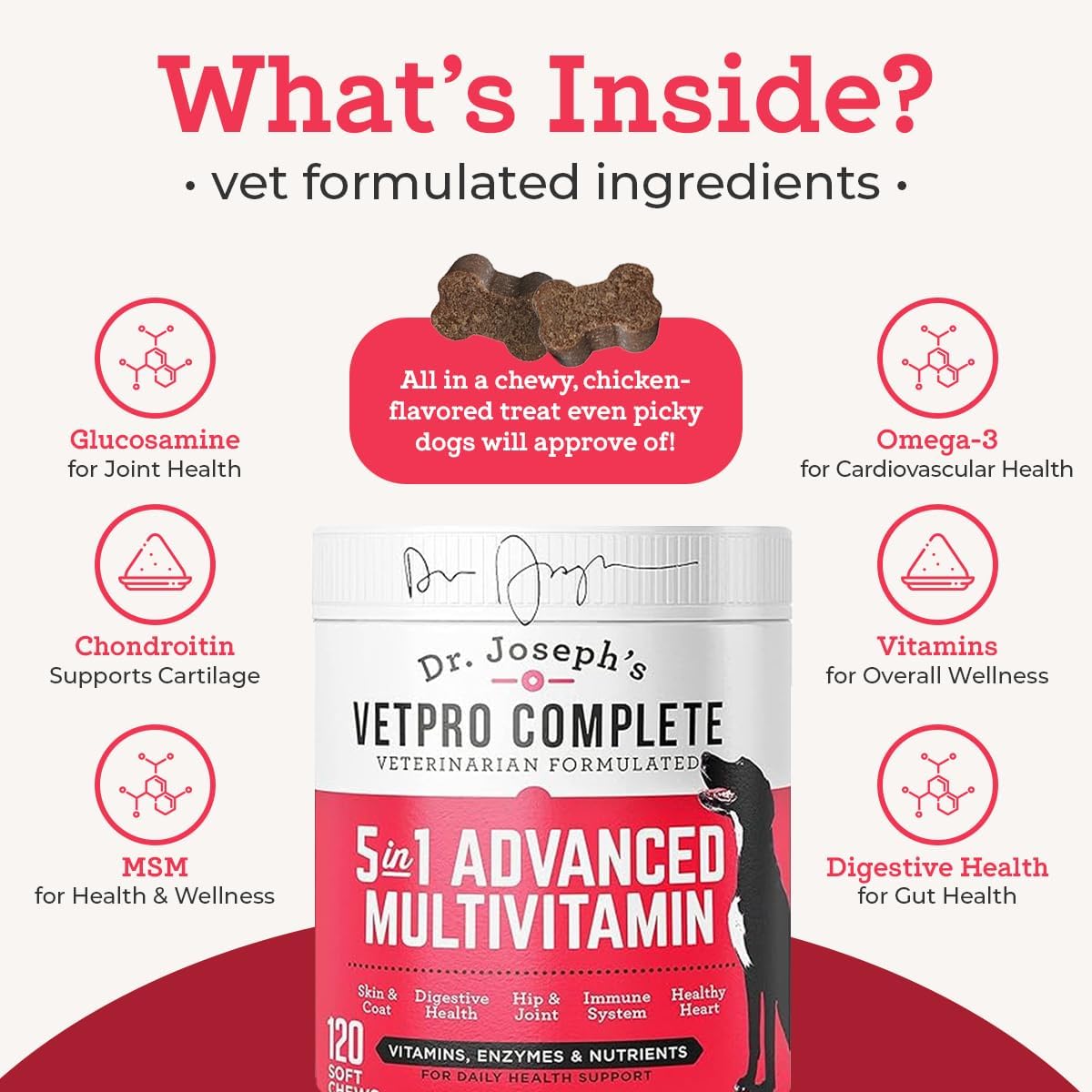 VetPro Complete Multivitamin Dog Supplement, 120ct, 5in1 Chew with Vitamins, Enzymes, Nutrients & Glucosamine for Hip & Joint Health, Immune System & Allergy Support by Dr. Joseph