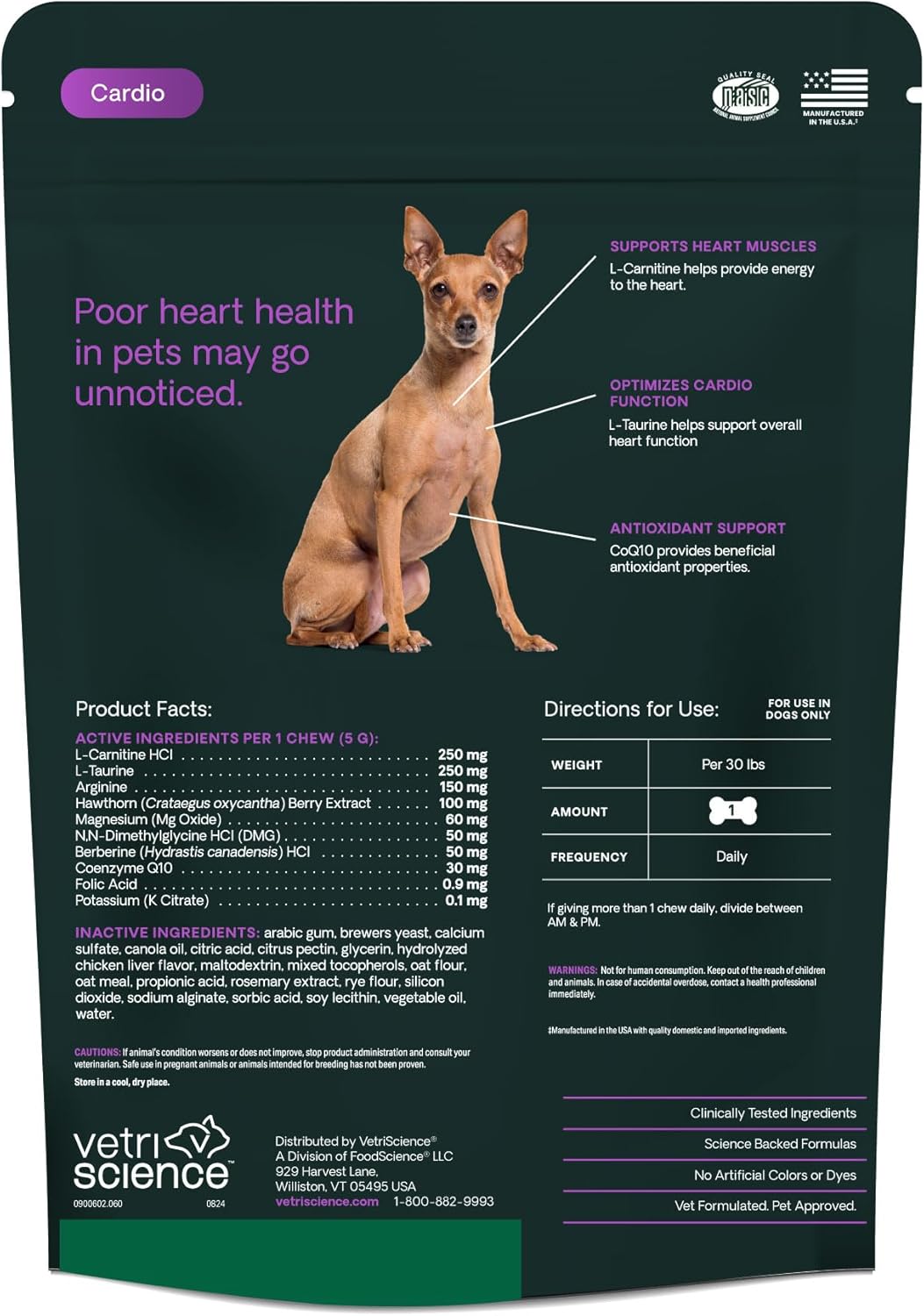 VetriScience Healthy Heart Chews for Dogs, Extra Strength Cardio Taurine and CoQ10 Supplement, Chicken Flavor, 60 Count