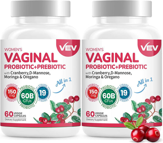 VEV Women's Vaginal Probiotics with Prebiotics & D-Mannose - 60B CFUs, 19 Strains, Cranberry & Moringa - Feminine Health Support - Vegan - 60-Day Supply