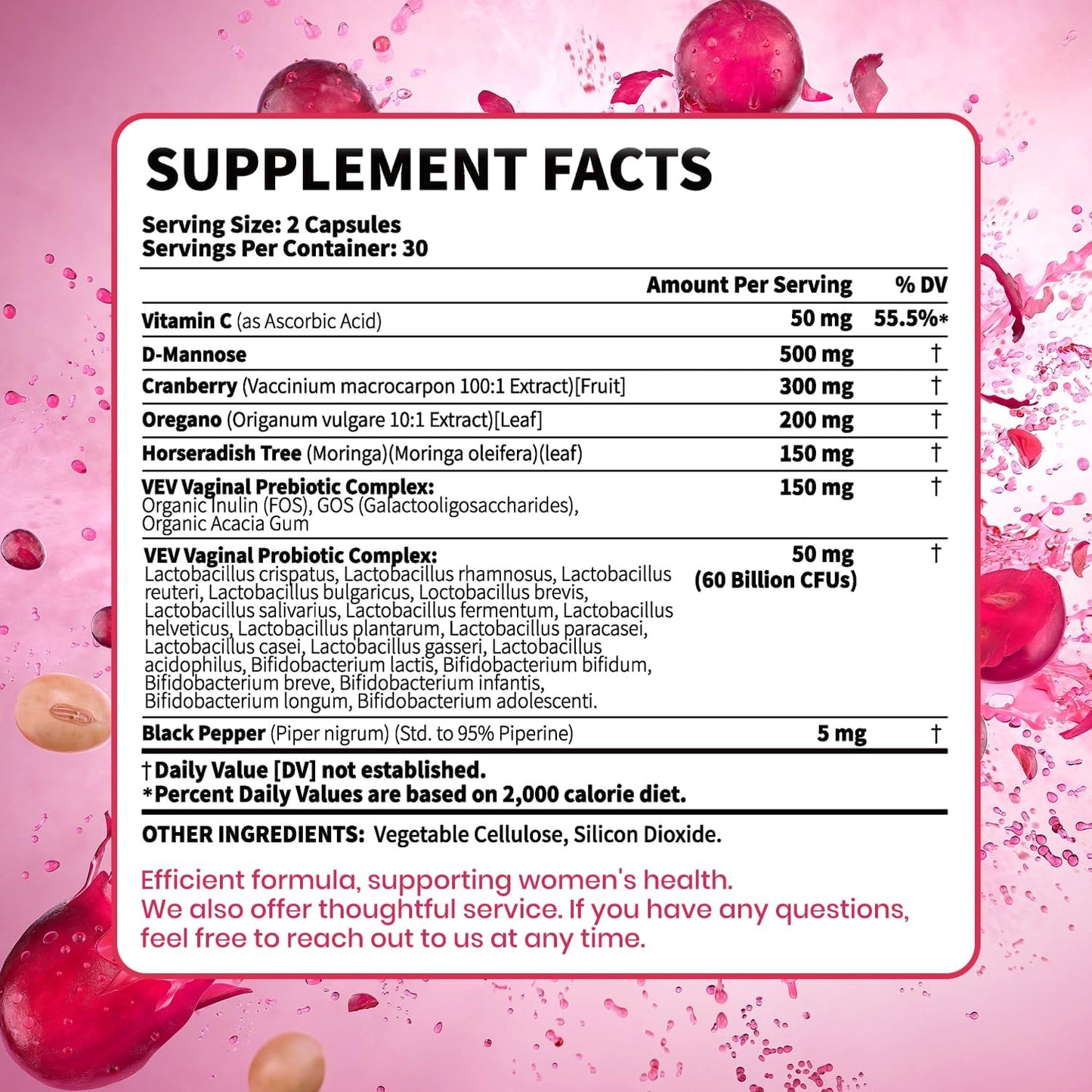 VEV Women's Vaginal Probiotics with Prebiotics & D-Mannose - 60B CFUs, 19 Strains, Cranberry & Moringa - Feminine Health Support - Vegan - 60-Day Supply