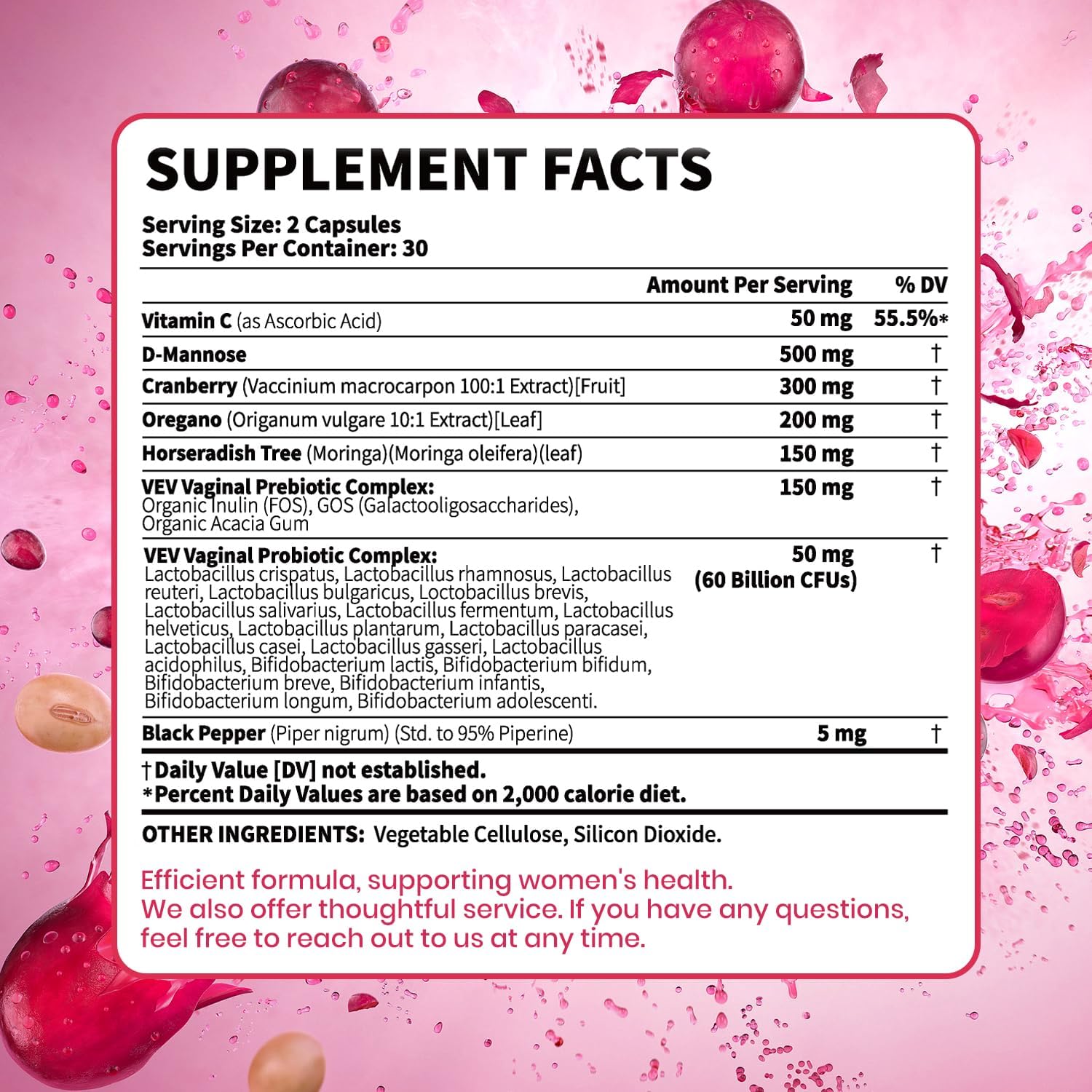 VEV Women's Vaginal Probiotics with Prebiotics & D-Mannose - 60B CFUs, 19 Strains, Cranberry & Moringa - Feminine Health Support - Vegan - 60-Day Supply