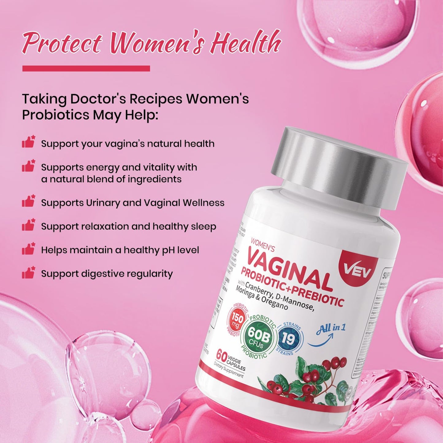 VEV Women's Vaginal Probiotics with Prebiotics & D-Mannose - 60B CFUs, 19 Strains, Cranberry & Moringa - Feminine Health Support - Vegan - 60-Day Supply