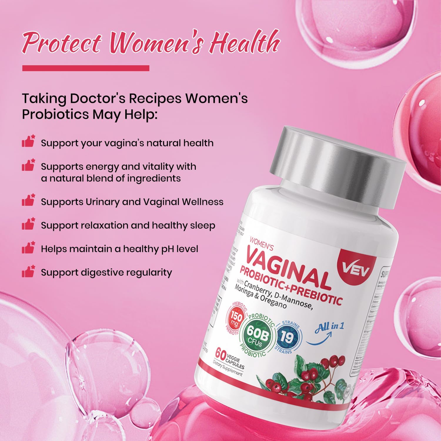VEV Women's Vaginal Probiotics with Prebiotics & D-Mannose - 60B CFUs, 19 Strains, Cranberry & Moringa - Feminine Health Support - Vegan - 60-Day Supply