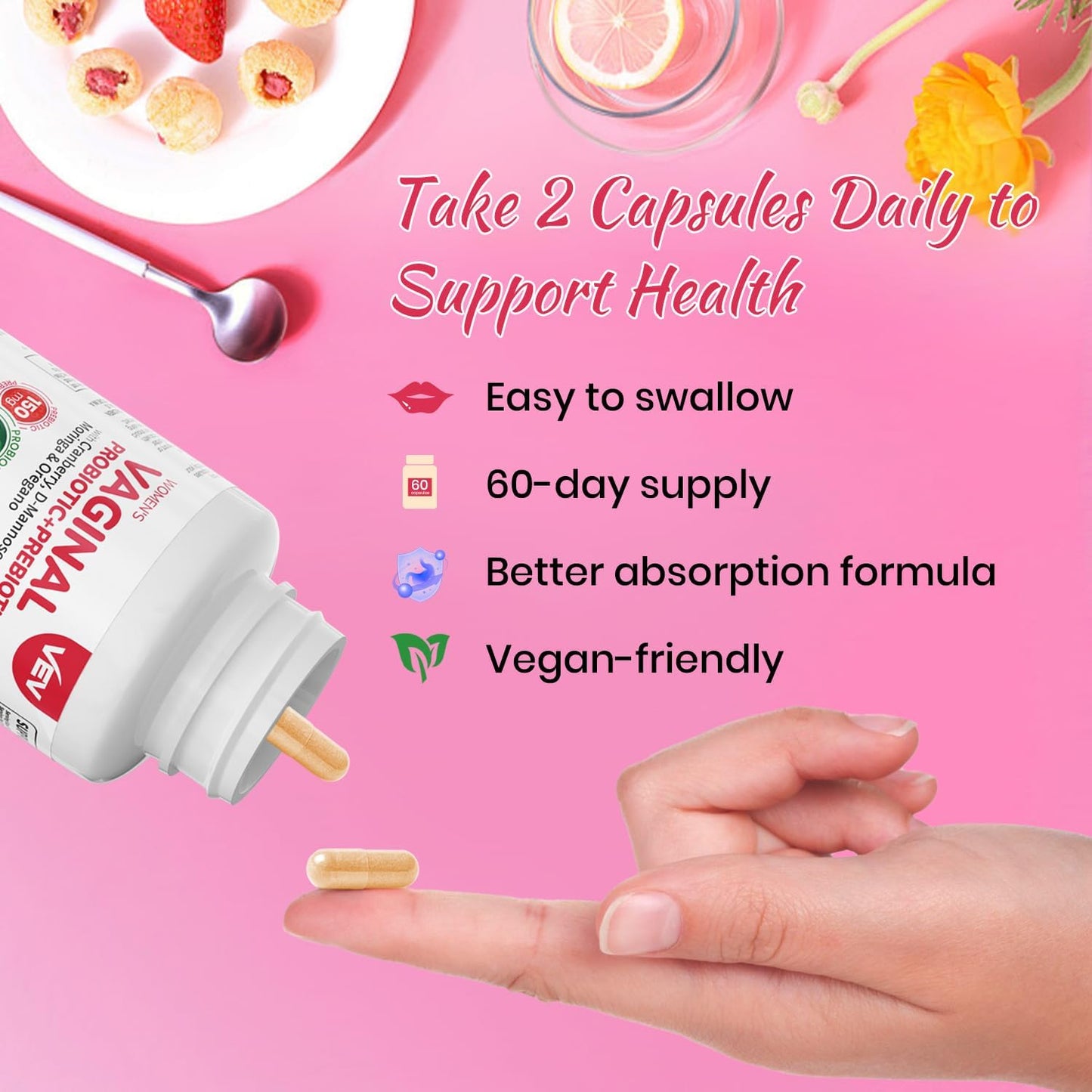 VEV Women's Vaginal Probiotics with Prebiotics & D-Mannose - 60B CFUs, 19 Strains, Cranberry & Moringa - Feminine Health Support - Vegan - 60-Day Supply