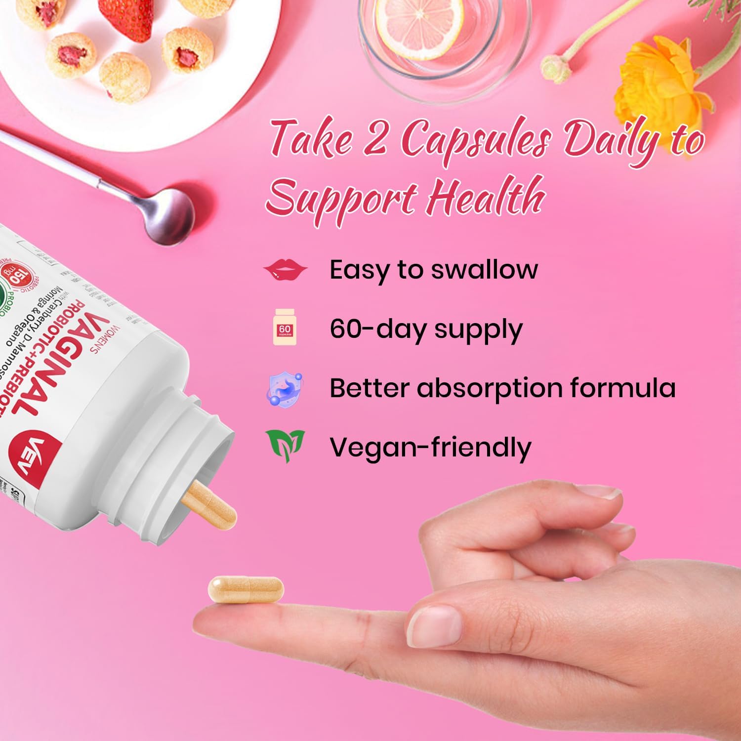 VEV Women's Vaginal Probiotics with Prebiotics & D-Mannose - 60B CFUs, 19 Strains, Cranberry & Moringa - Feminine Health Support - Vegan - 60-Day Supply