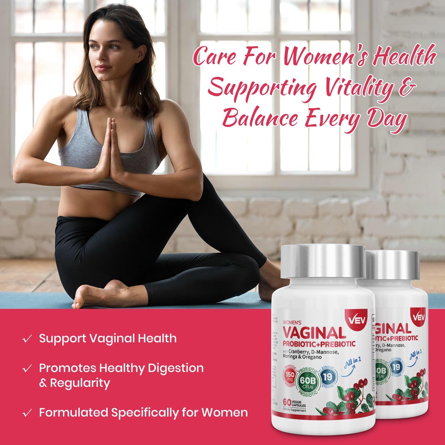 VEV Women's Vaginal Probiotics with Prebiotics & D-Mannose - 60B CFUs, 19 Strains, Cranberry & Moringa - Feminine Health Support - Vegan - 60-Day Supply