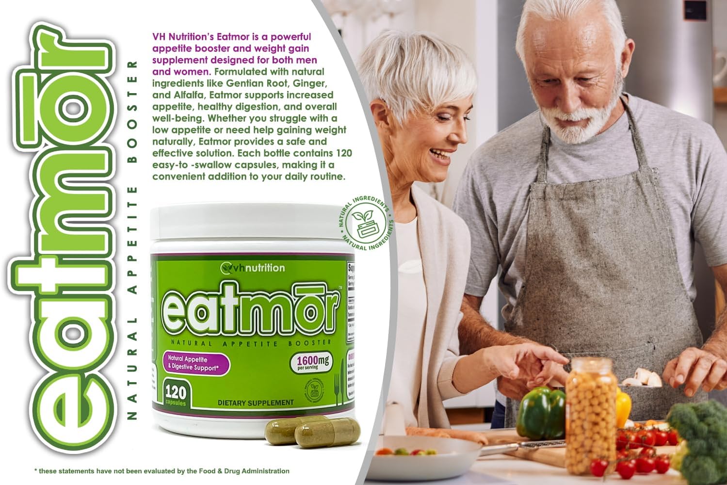 VH Nutrition Eatmor Weight Gain Pills for Women and Men with Gentian, Ginger, Alfalfa - 120 Capsules