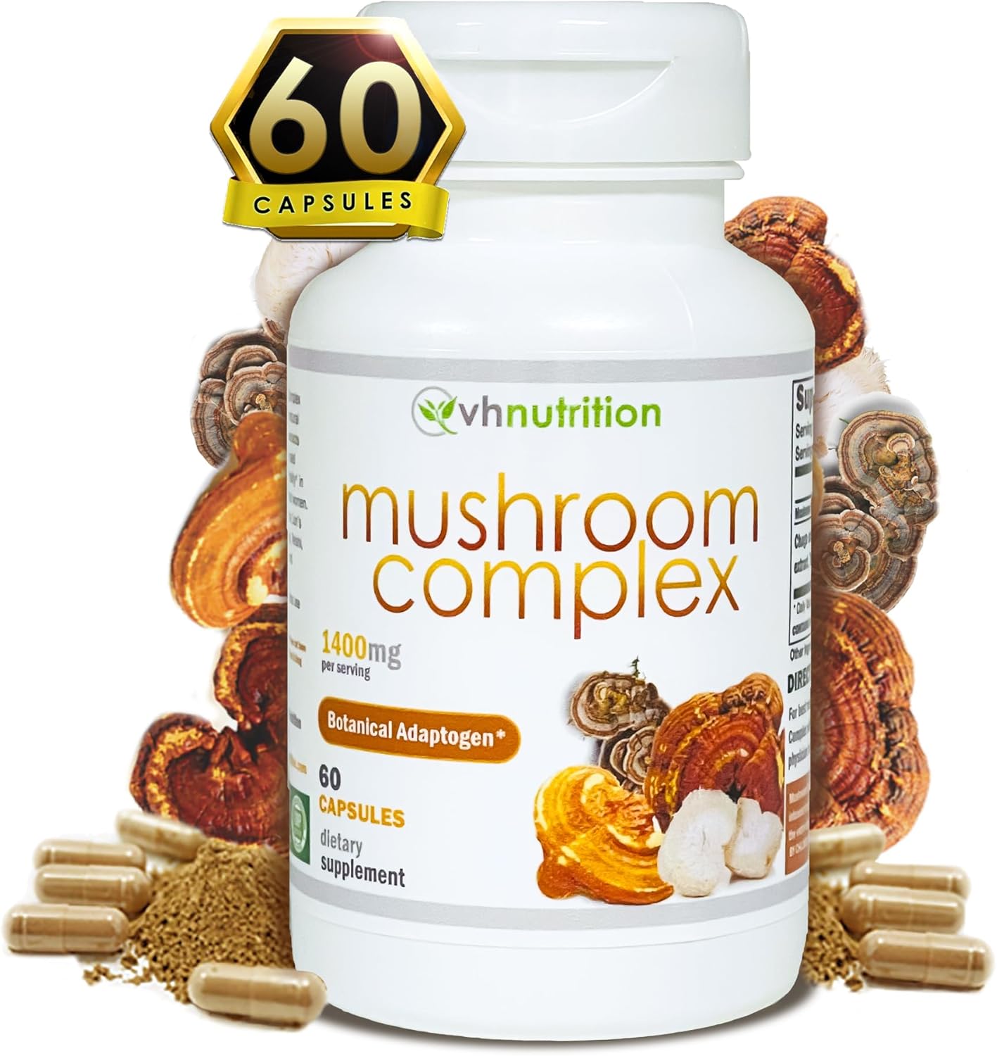 VH Nutrition Mushroom Complex Supplement 1400mg | Vitality Support with Lions Mane, Chaga, Reishi Extracts | Adaptogen Formula | 60 Capsules
