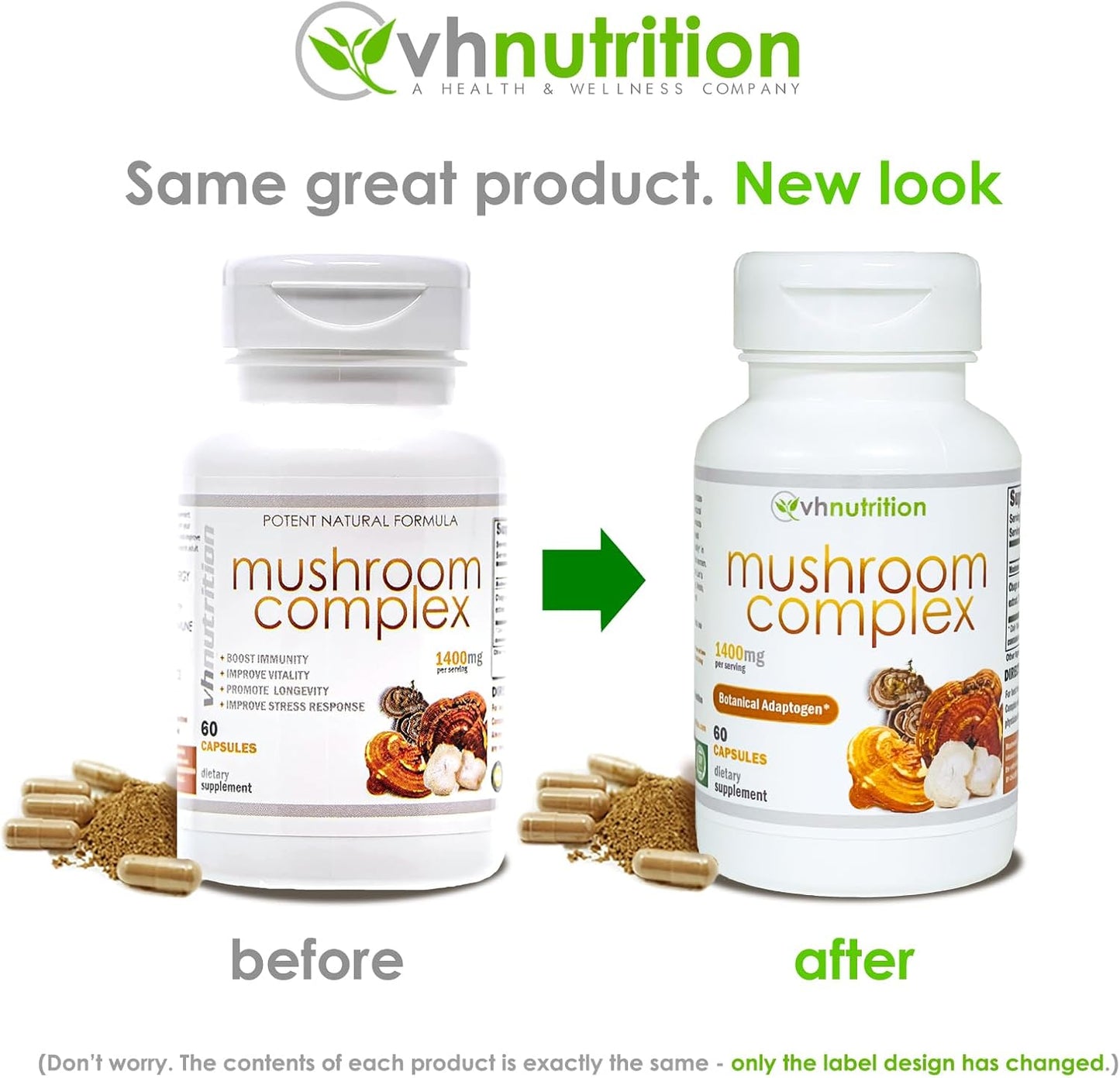 VH Nutrition Mushroom Complex Supplement 1400mg | Vitality Support with Lions Mane, Chaga, Reishi Extracts | Adaptogen Formula | 60 Capsules