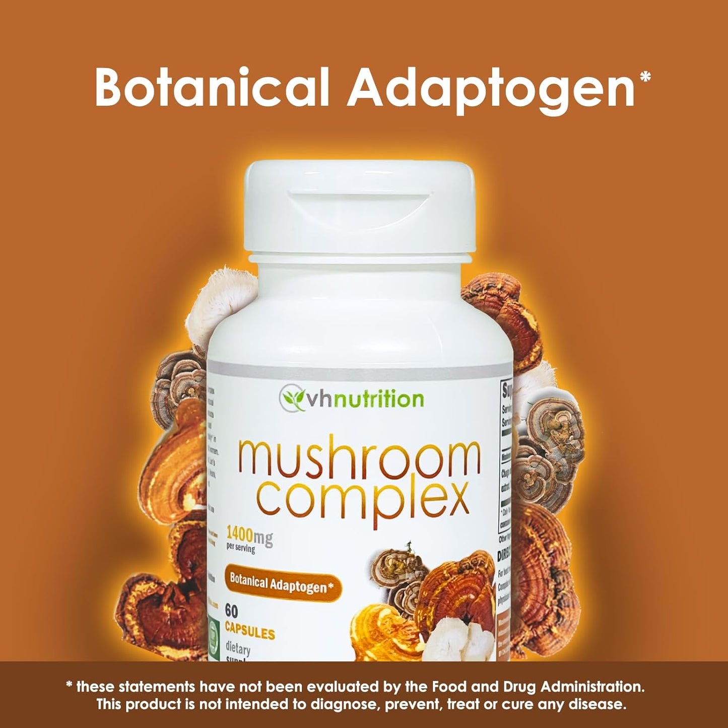 VH Nutrition Mushroom Complex Supplement 1400mg | Vitality Support with Lions Mane, Chaga, Reishi Extracts | Adaptogen Formula | 60 Capsules