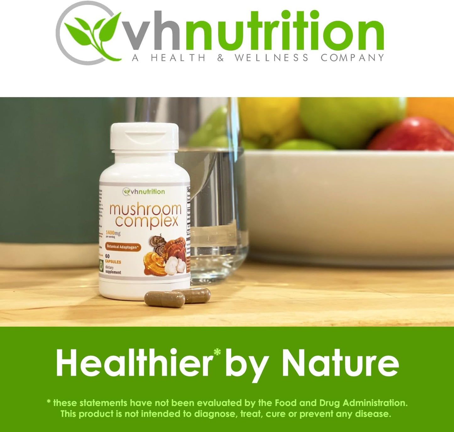 VH Nutrition Mushroom Complex Supplement 1400mg | Vitality Support with Lions Mane, Chaga, Reishi Extracts | Adaptogen Formula | 60 Capsules