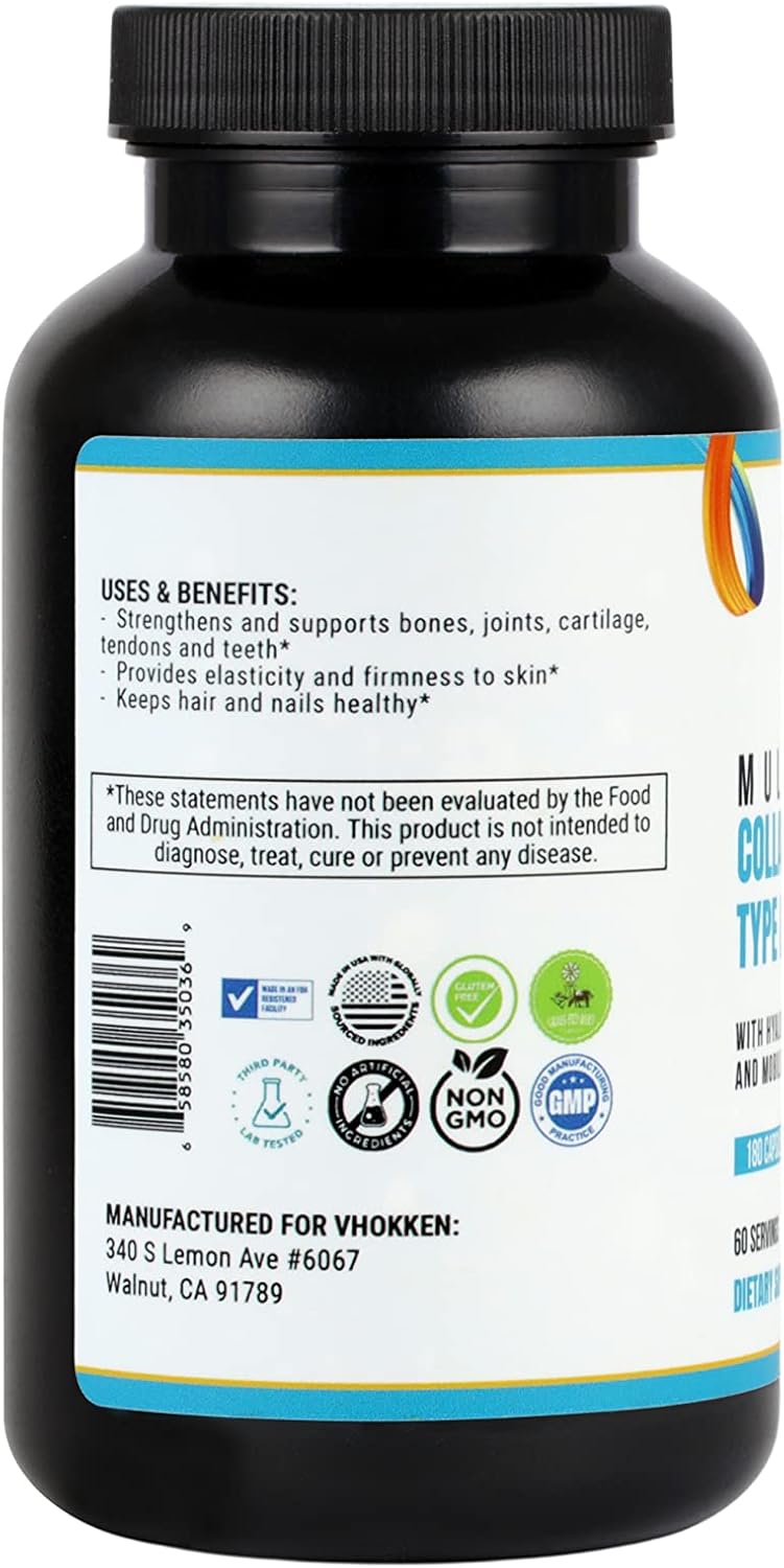 Vhokken Multi Collagen Complex with Hyaluronic Acid - Joint Support, Hair, Skin, Nails - 2120mg, 180 Capsules