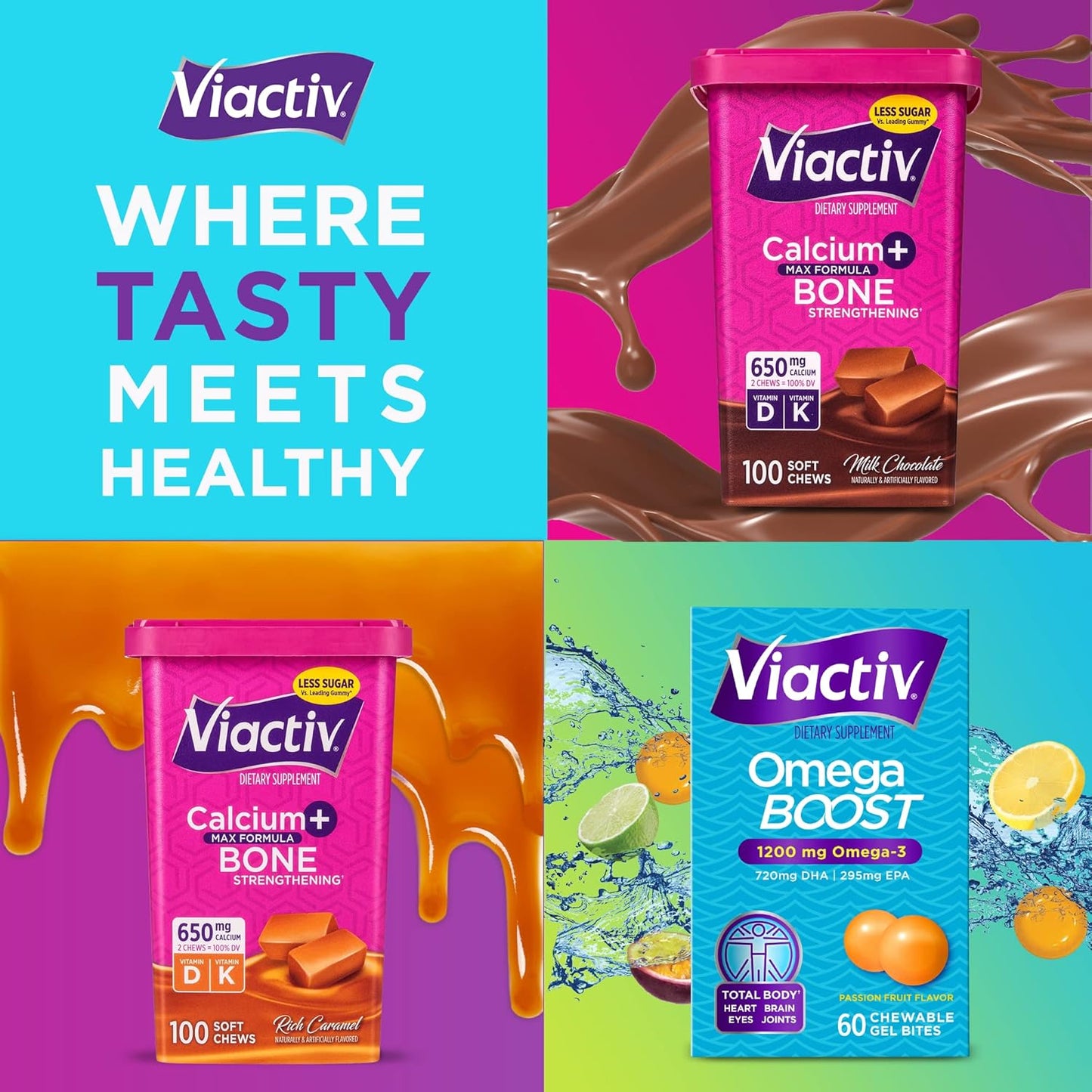 Viactiv Omega-3 Chewable Gel Bites, 1200mg Supplement for Daily Health, 60 Gummies