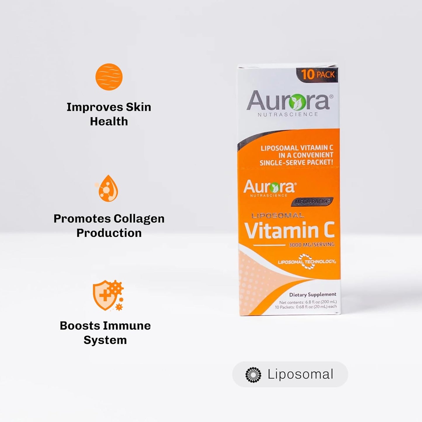 Vida Lifescience Aurora Nutrascience Liposomal Vitamin C Micro-Pack, 1,000mg per Serving, Immune Support, Gluten Free, Non-GMO, 10 Single Serve Packets