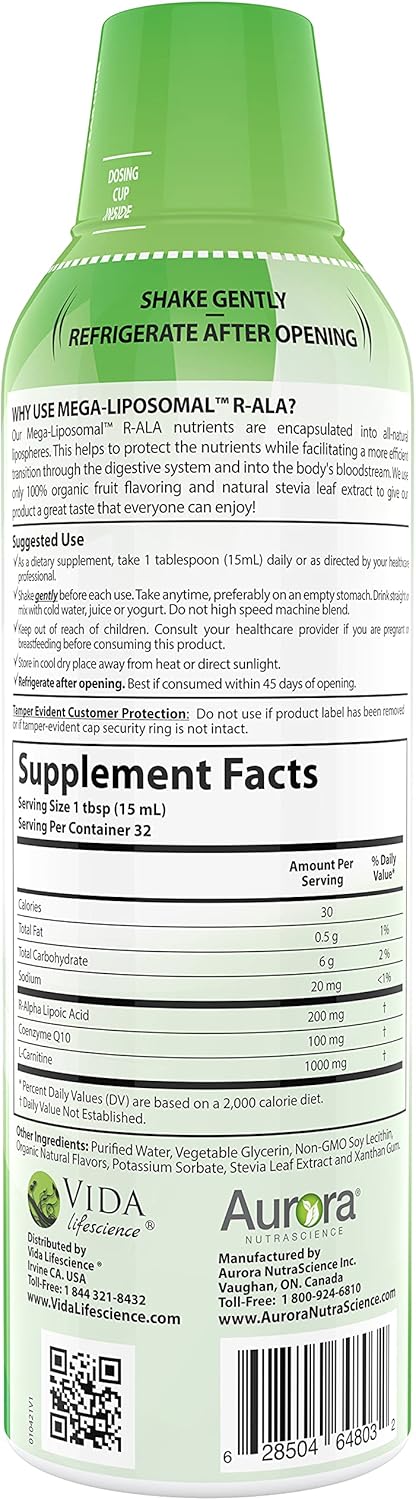 Vida Lifescience Aurora Nutrascience Mega-Liposomal R-ALA Cellular Support Complex - 16 fl oz, Gluten-Free, Non-GMO, Sugar-Free, Organic Fruit Flavor