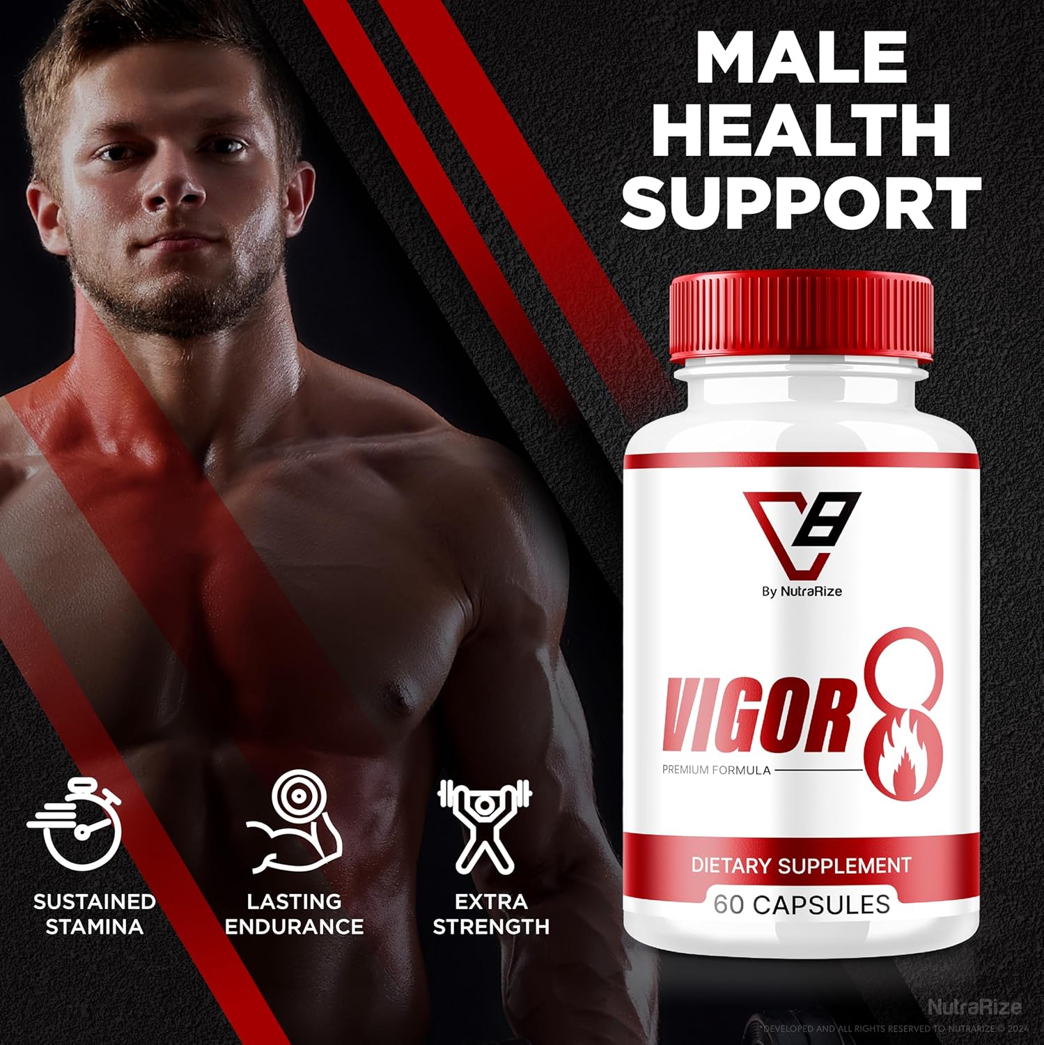 Vigor 8 Male Enhancing Formula (2 Pack) - Test Boost Supplement Capsules with Horny Goat Weed & Tongkat Ali (120 Capsules)