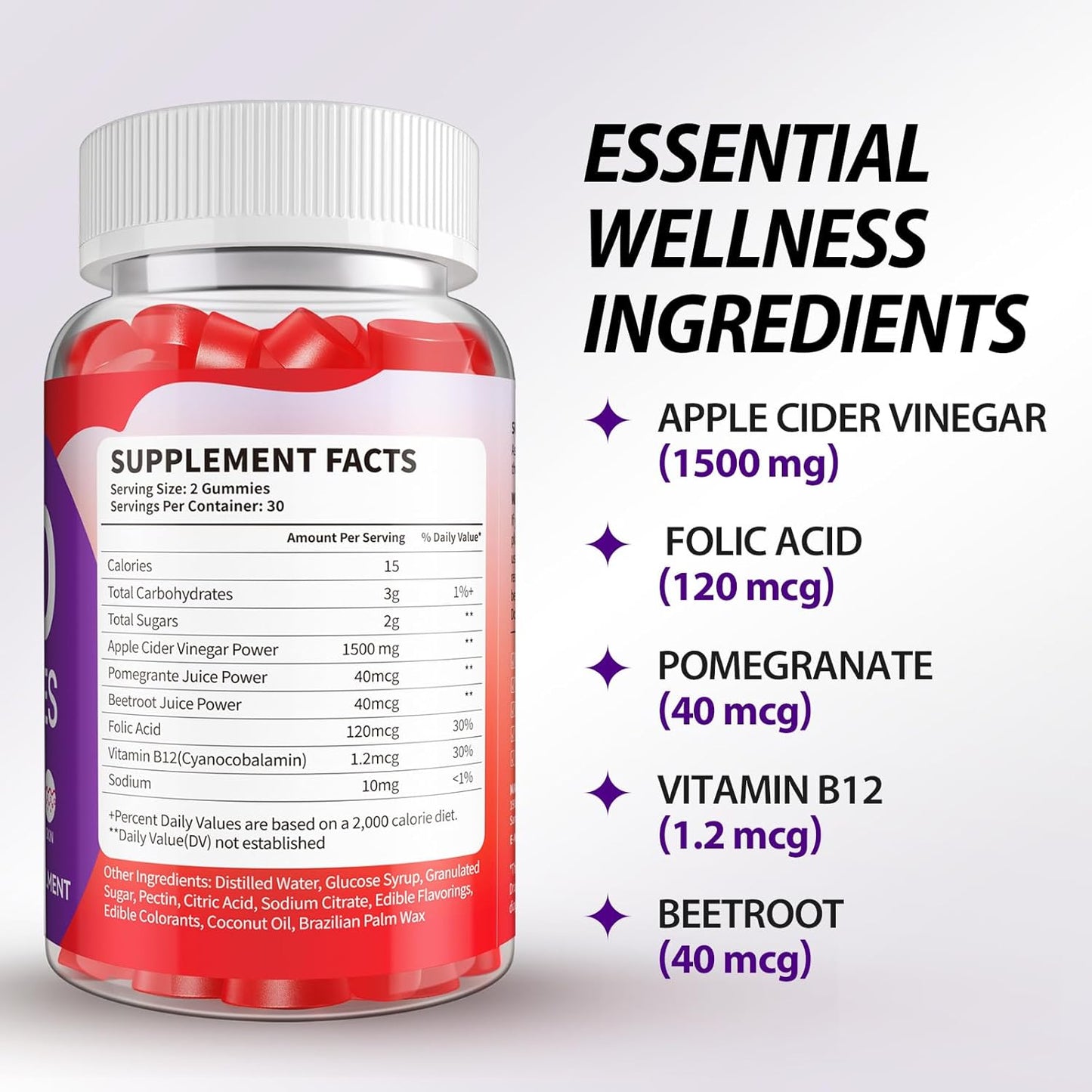 VIGUMYO Keto Apple Cider Vinegar Gummies 1500MG with Pomegranate Beet Juice Powder B12 - Vegan Non GMO - 120 Gummies
