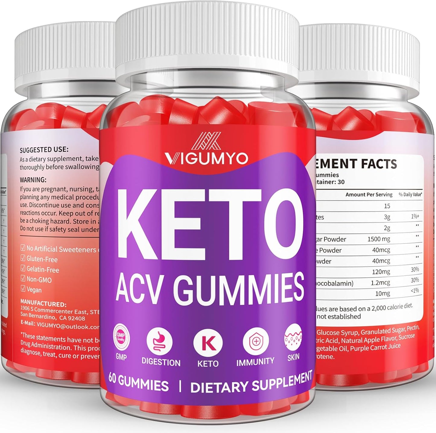 VIGUMYO Keto Apple Cider Vinegar Gummies 1500MG with Pomegranate Beet Juice Powder B12 - Vegan Non GMO - 120 Gummies