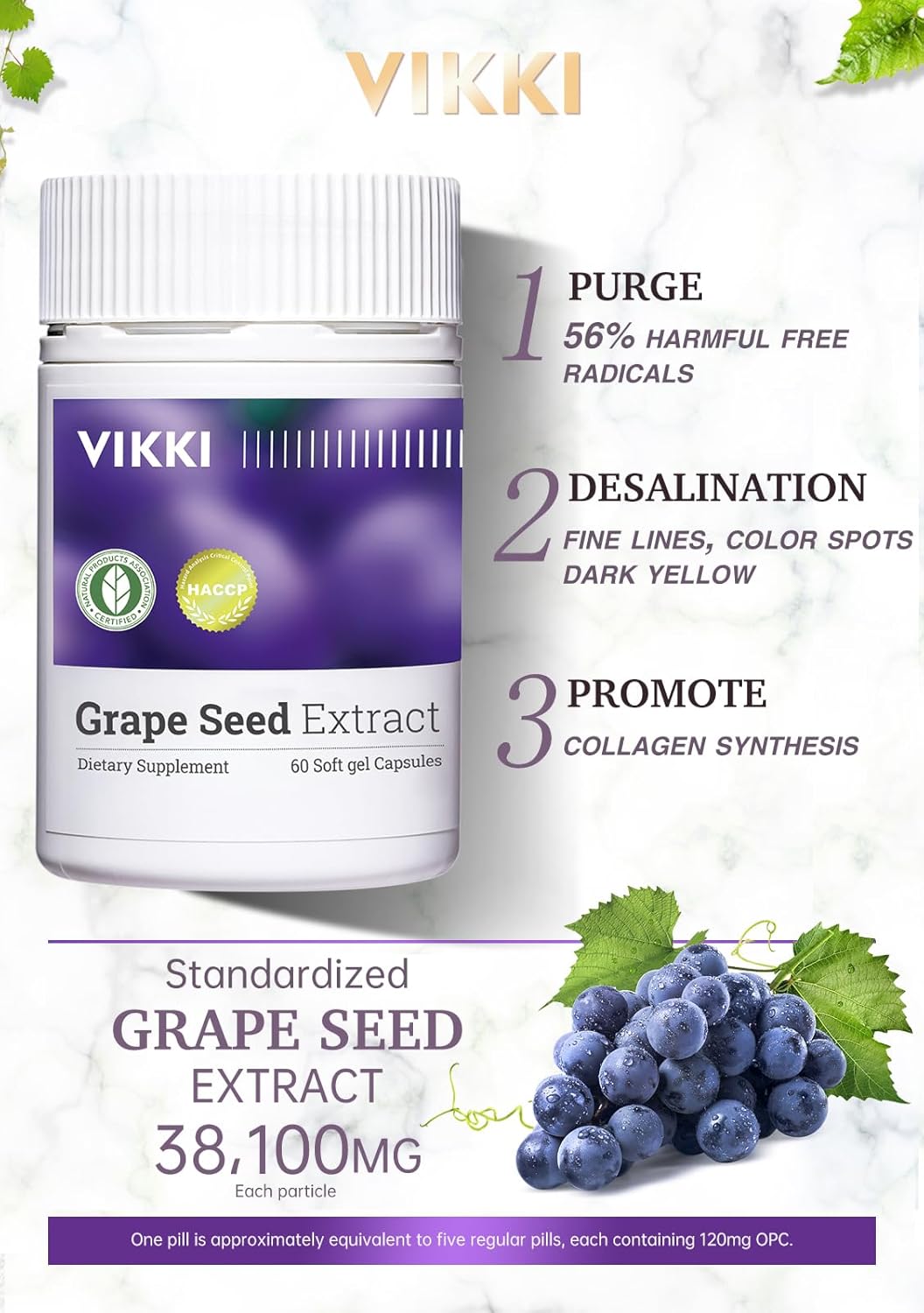 Vikki Grape Seed Extract Capsules - 38,100 mg Concentrated & Standardized 10X Whole Fruit Extract - 100% Vegetarian, All-Natural, Non-GMO, Gluten Free