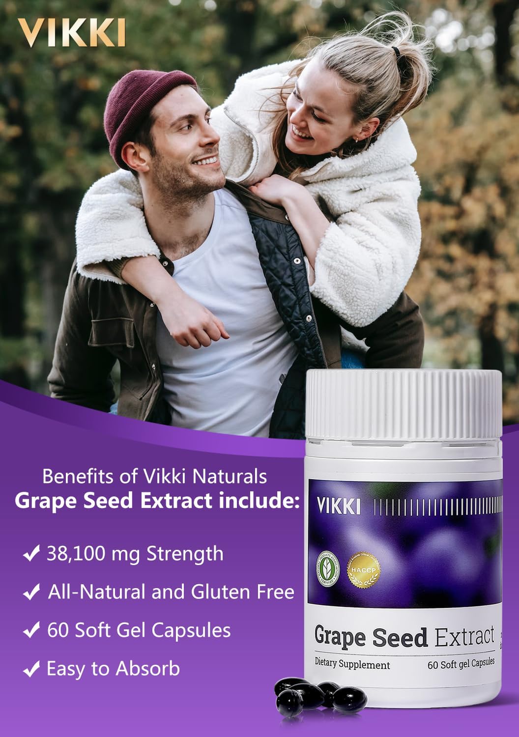 Vikki Grape Seed Extract Capsules - 38,100 mg Concentrated & Standardized 10X Whole Fruit Extract - 100% Vegetarian, All-Natural, Non-GMO, Gluten Free