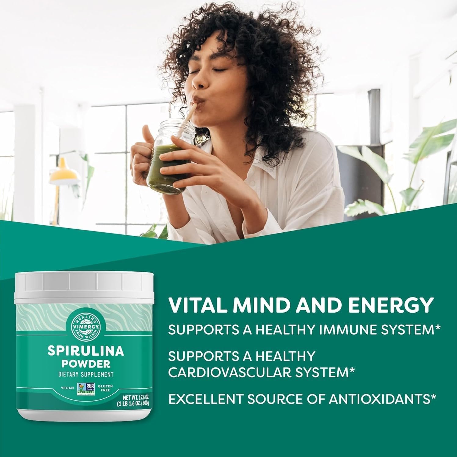 Vimergy Spirulina Powder - 500g Value Size - 166 Servings - Nutrient-Dense Blue-Green Algae Superfood - Immune Support - Non-GMO, Gluten-Free, Vegan & Paleo - Ideal for Smoothies & Juices