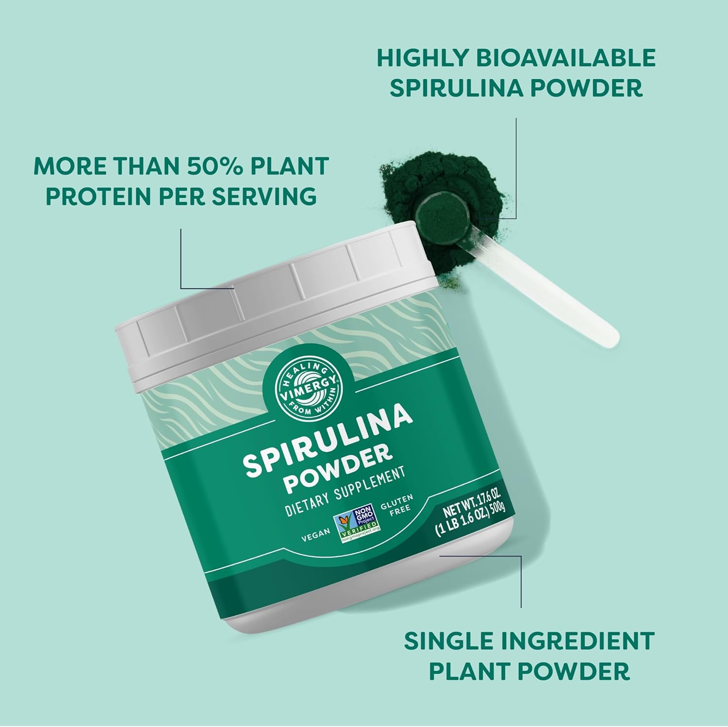 Vimergy Spirulina Powder - 500g Value Size - 166 Servings - Nutrient-Dense Blue-Green Algae Superfood - Immune Support - Non-GMO, Gluten-Free, Vegan & Paleo - Ideal for Smoothies & Juices