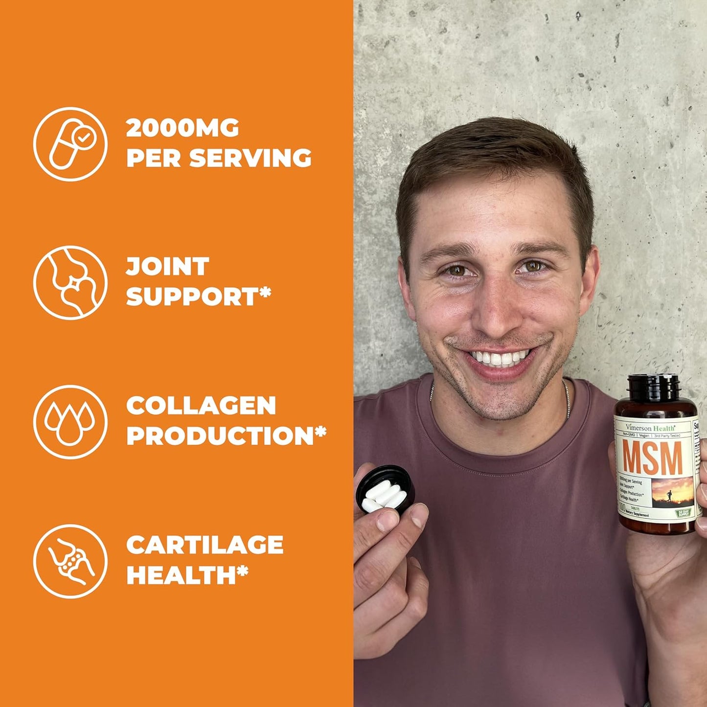 Vimerson Health MSM 2000mg - Joint Support Supplement with Antioxidant Properties for Cartilage & Joint Health - Non-GMO Vegan Formula for Occasional Discomfort Relief in Back, Knees, and Hands - 50 Day Supply