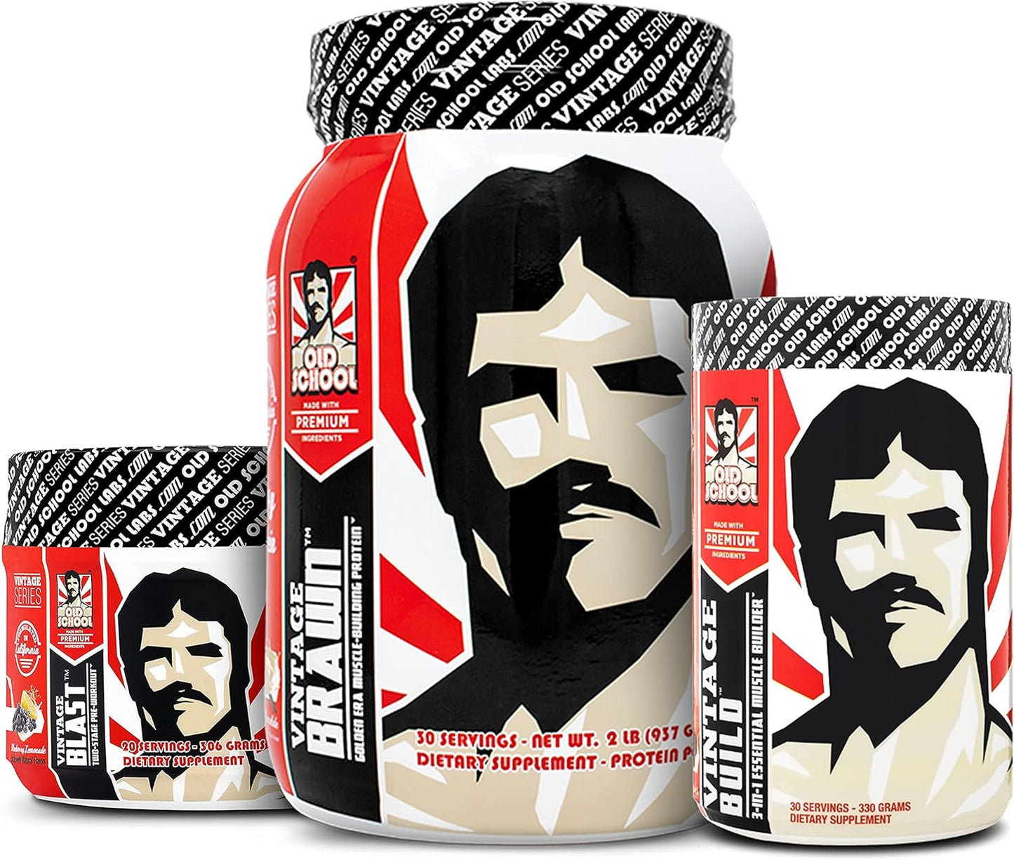 Vintage Build Post Workout, Vintage Blast Pre Workout, and Vintage Brawn Protein Powder by Old School Labs