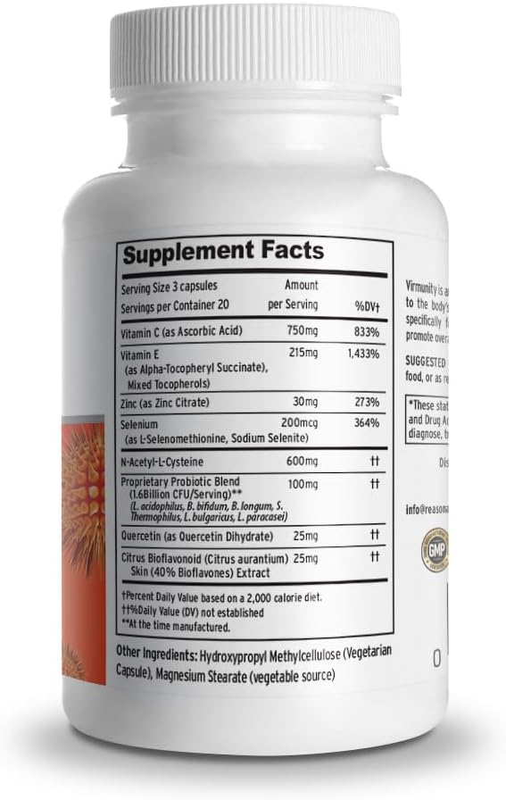 Virmunity Immune Support Supplement - 60 Capsules with Vitamin C, E, Selenium, Zinc, Antioxidants, NAC, Probiotics - Adults
