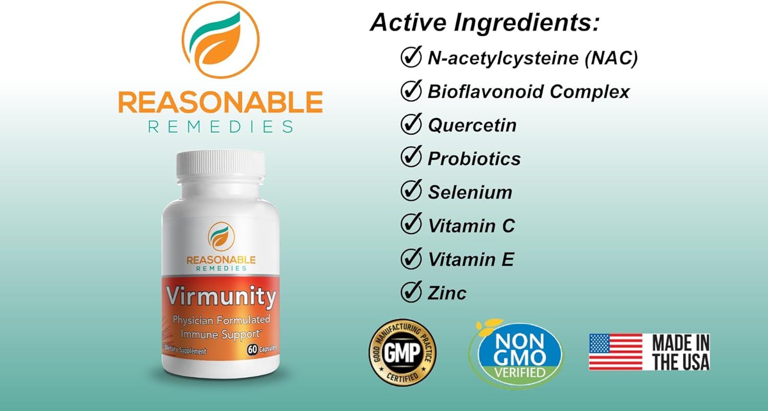 Virmunity Immune Support Supplement - 60 Capsules with Vitamin C, E, Selenium, Zinc, Antioxidants, NAC, Probiotics - Adults