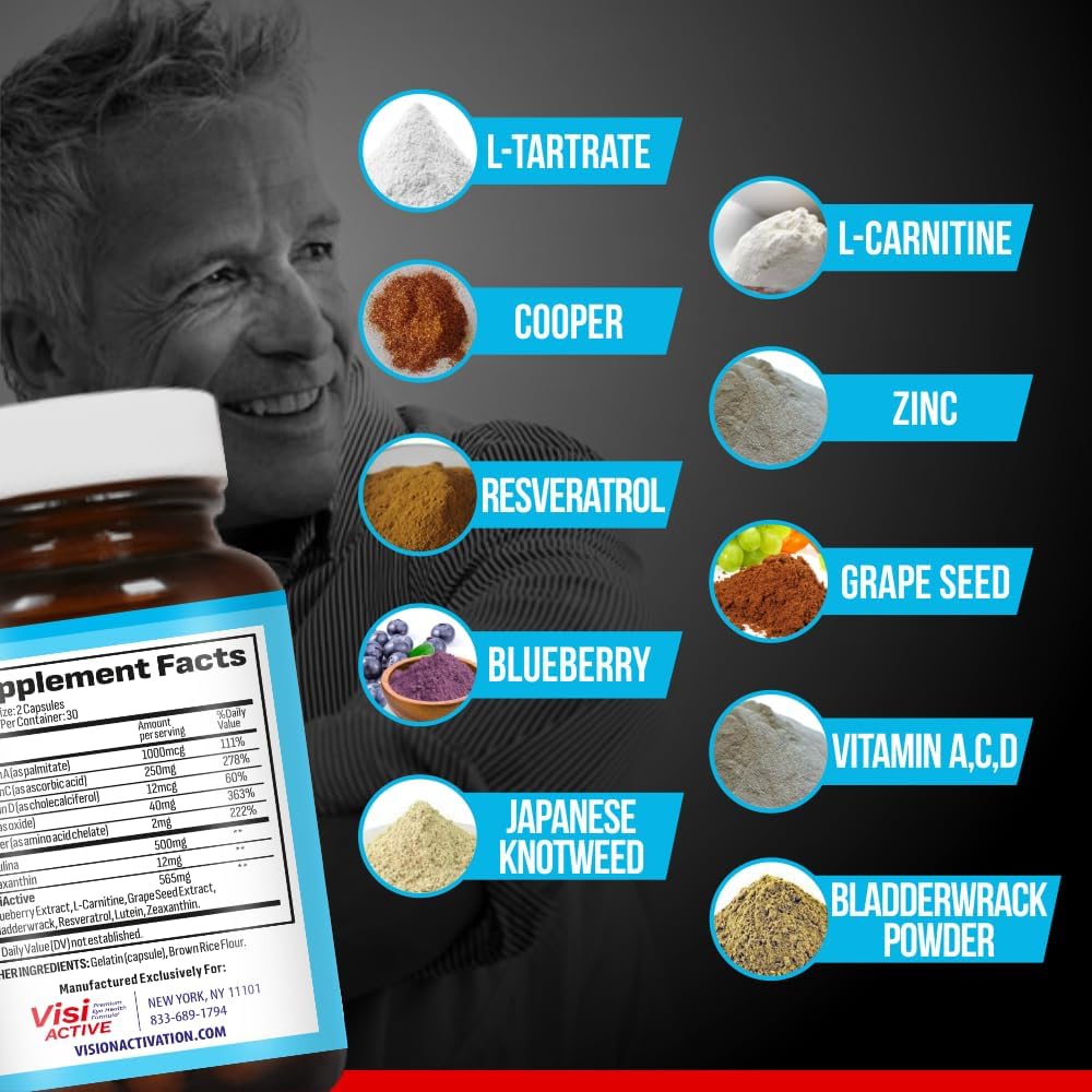 VisiActive Eye Health Supplement - Vision Support Formula with L-Tartrate, Resveratrol, Blueberry Extract, Vitamins A, C, D - 60 Capsules