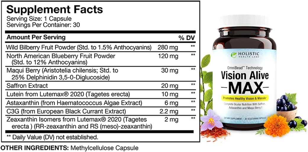 Vision Alive Max Supplement with Lutemax® 2020, Bilberries, Blueberries, c3g, Maqui Berry, Saffron, and Astaxanthin - 60 Capsules