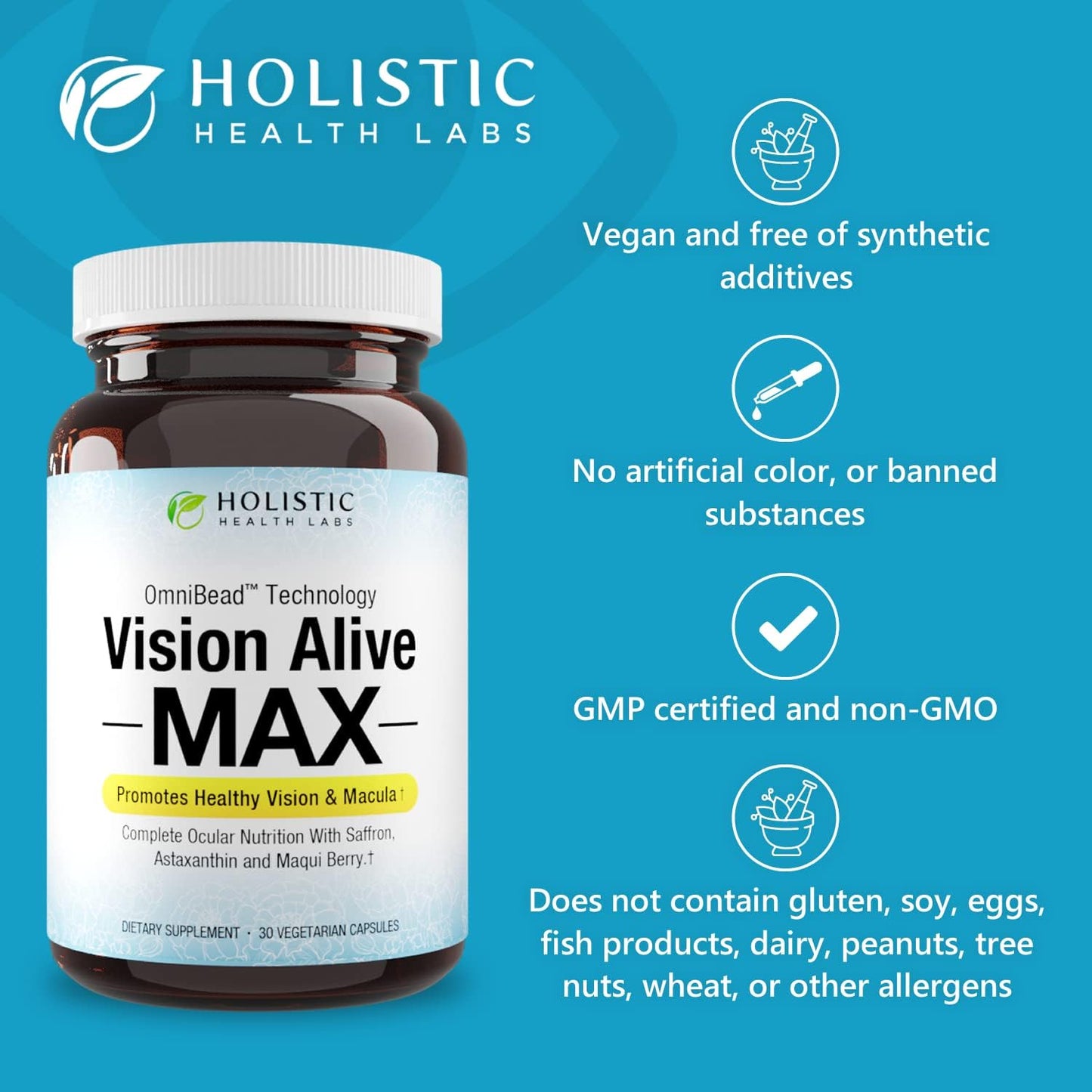 Vision Alive Max Supplement with Lutemax® 2020, Bilberries, Blueberries, c3g, Maqui Berry, Saffron, and Astaxanthin - 60 Capsules