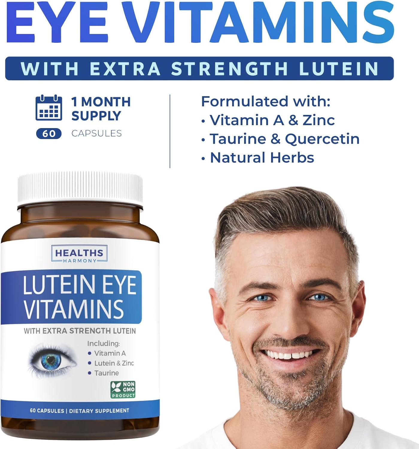 Vision Health Support Supplement with Lutein, Zinc, Bilberry & Turmeric - Non-GMO Eye Vitamins for Tired and Dry Eyes - 60 Capsules