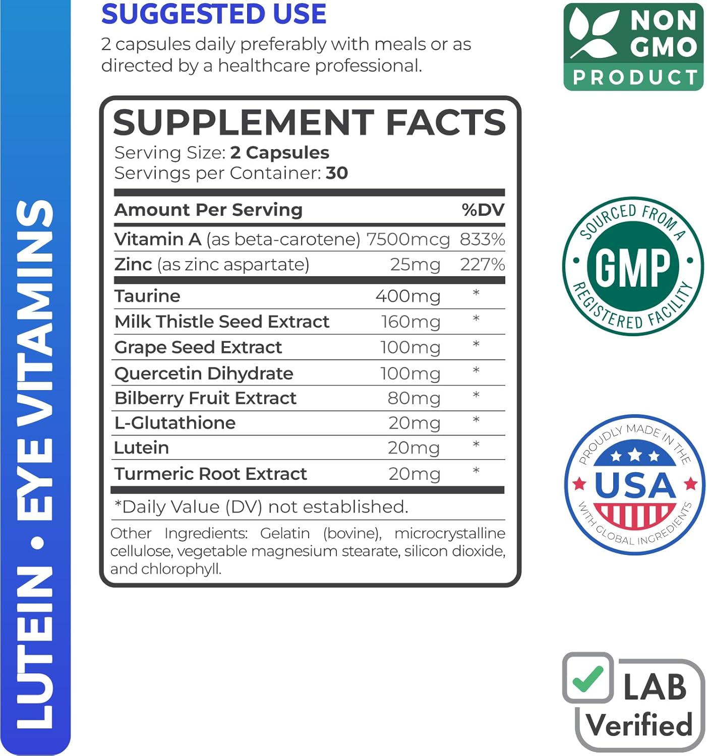 Vision Health Support Supplement with Lutein, Zinc, Bilberry & Turmeric - Non-GMO Eye Vitamins for Tired and Dry Eyes - 60 Capsules