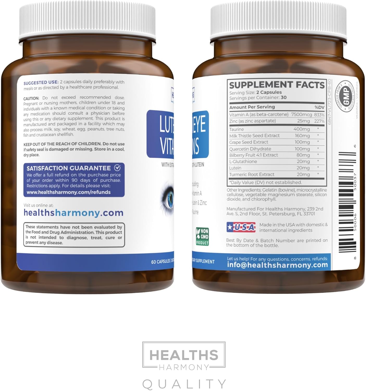 Vision Health Support Supplement with Lutein, Zinc, Bilberry & Turmeric - Non-GMO Eye Vitamins for Tired and Dry Eyes - 60 Capsules