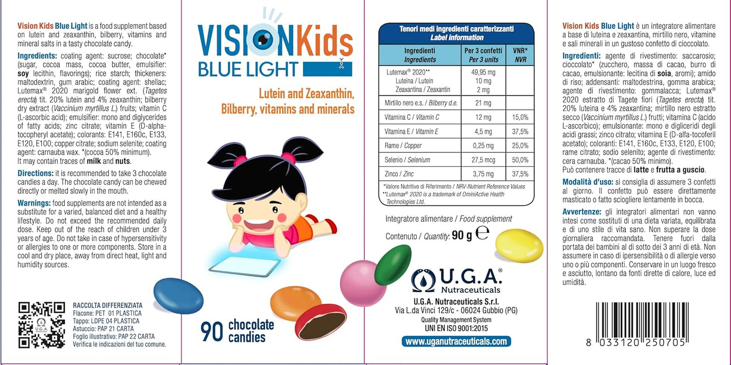 Vision Kids Blue Light Children’s Supplement with Lutein, Zeaxanthin, Blueberry | 90 Dark Chocolate Candies for Eye Health