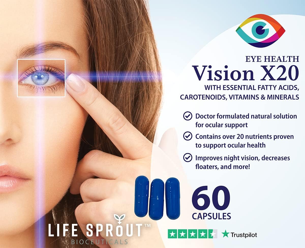 Vision X20 - Eye Health Supplement with Lutein, Beta-Carotene, Bilberry, Niacin & Glutathione by Life Sprout Bioceuticals
